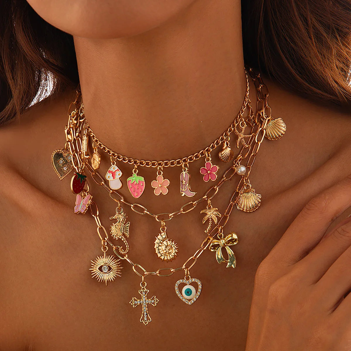 14K Gold Boho Seashell Cross Charm Necklaces Necklace Lunarity Garage