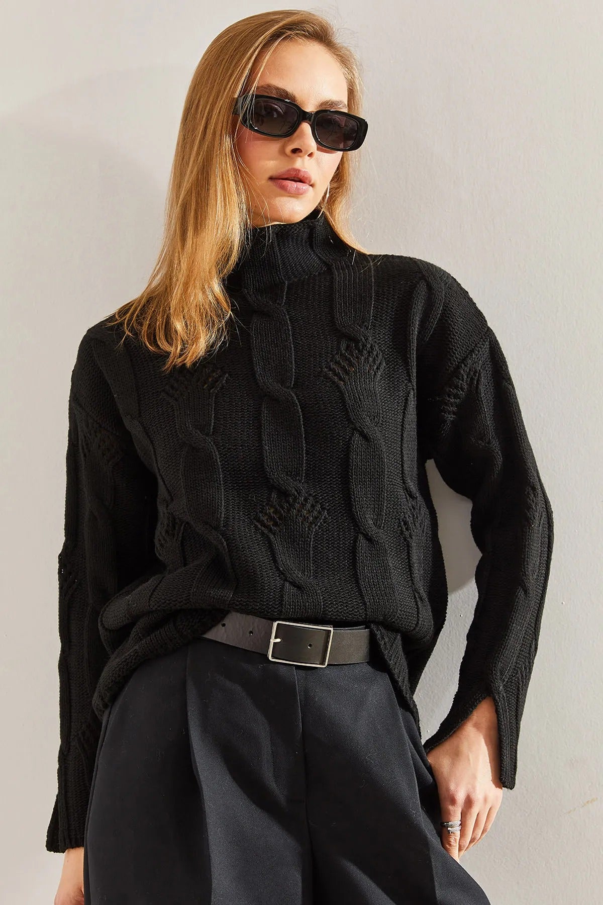 Women's Half-Turtleneck Cable Knit Sweater sweater LUNARITY GARAGE One Size Black