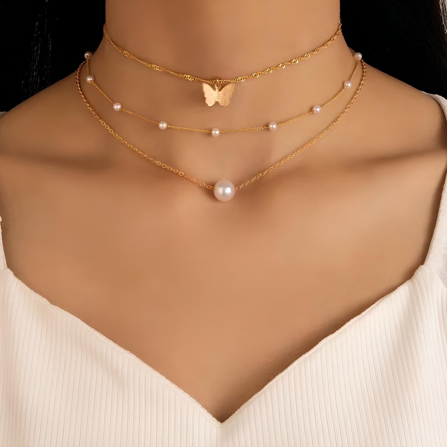 Bohemian Butterfly Three-Layer Pearl Pendant Necklace Necklace Lunarity Garage