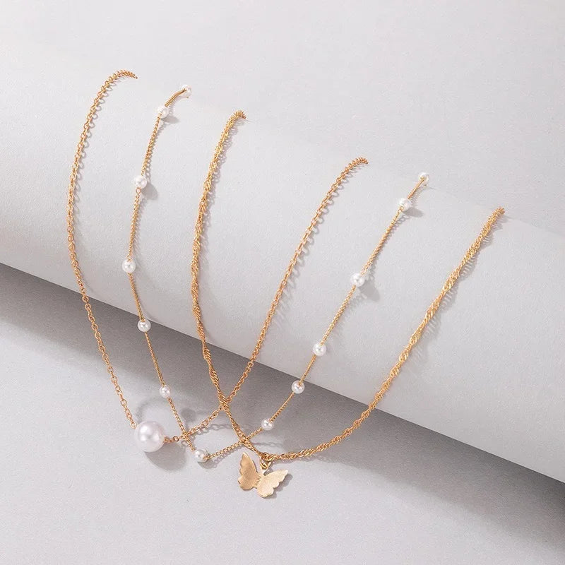 Bohemian Butterfly Three-Layer Pearl Pendant Necklace Necklace Lunarity Garage