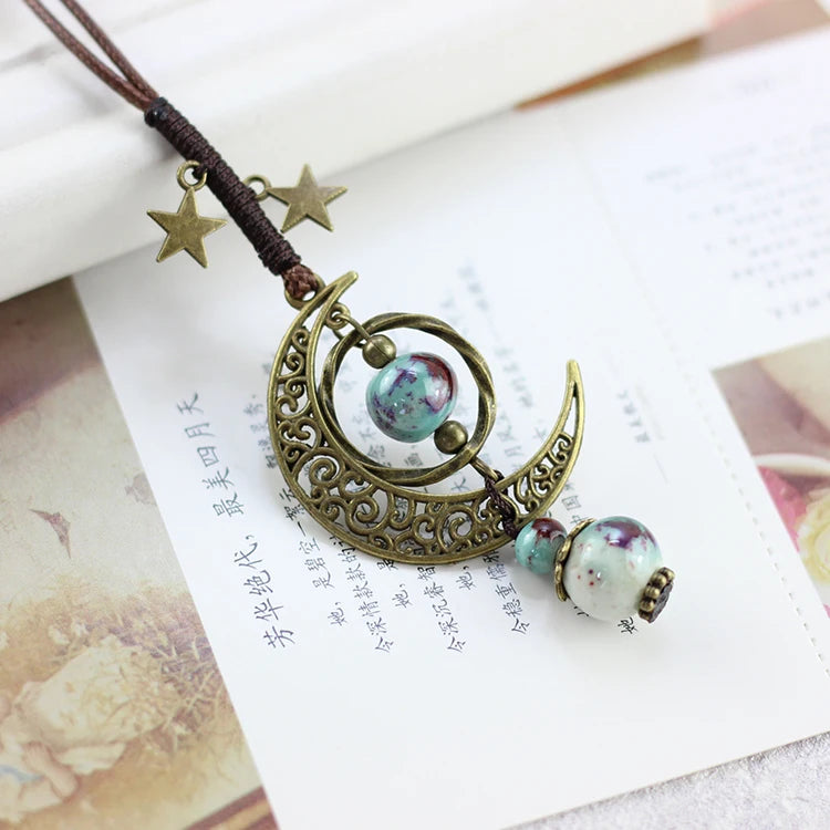 Star And Moon Ceramic Beads Chain Wind Pendant Necklace Necklace Lunarity Garage