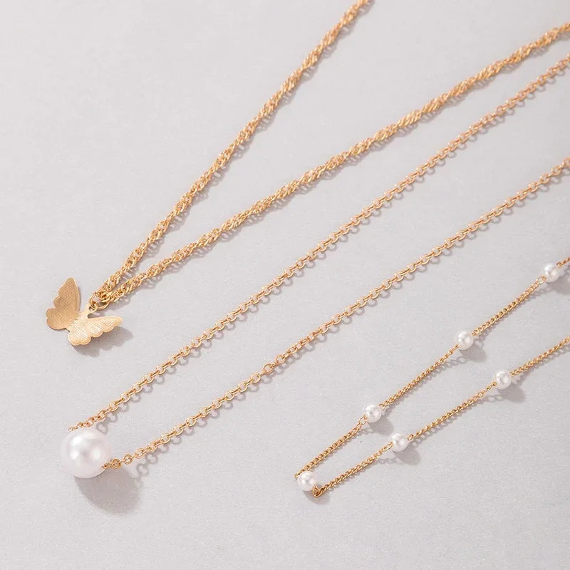 Bohemian Butterfly Three-Layer Pearl Pendant Necklace Necklace Lunarity Garage