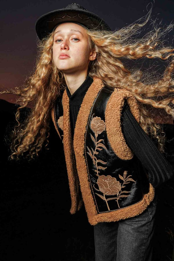 Embroidered Camel Cowboy Vest – Teddy Fleece Lining, Floral Embroidery, Faux Leather, Western Style Vest LUNARITY GARAGE