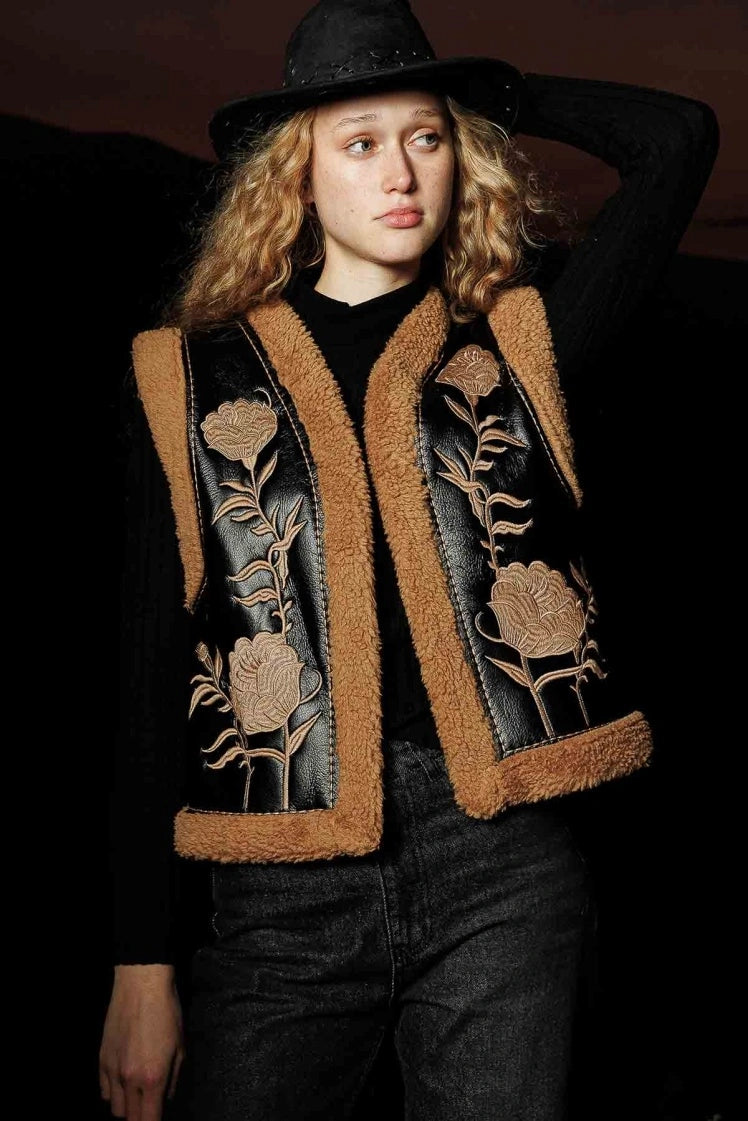 Embroidered Camel Cowboy Vest – Teddy Fleece Lining, Floral Embroidery, Faux Leather, Western Style Vest LUNARITY GARAGE