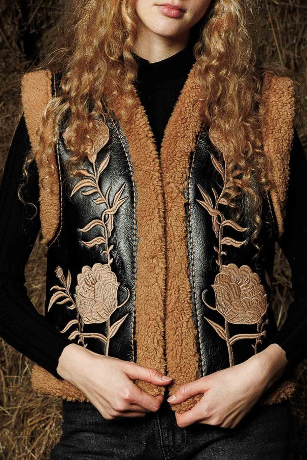 Embroidered Camel Cowboy Vest – Teddy Fleece Lining, Floral Embroidery, Faux Leather, Western Style Vest LUNARITY GARAGE