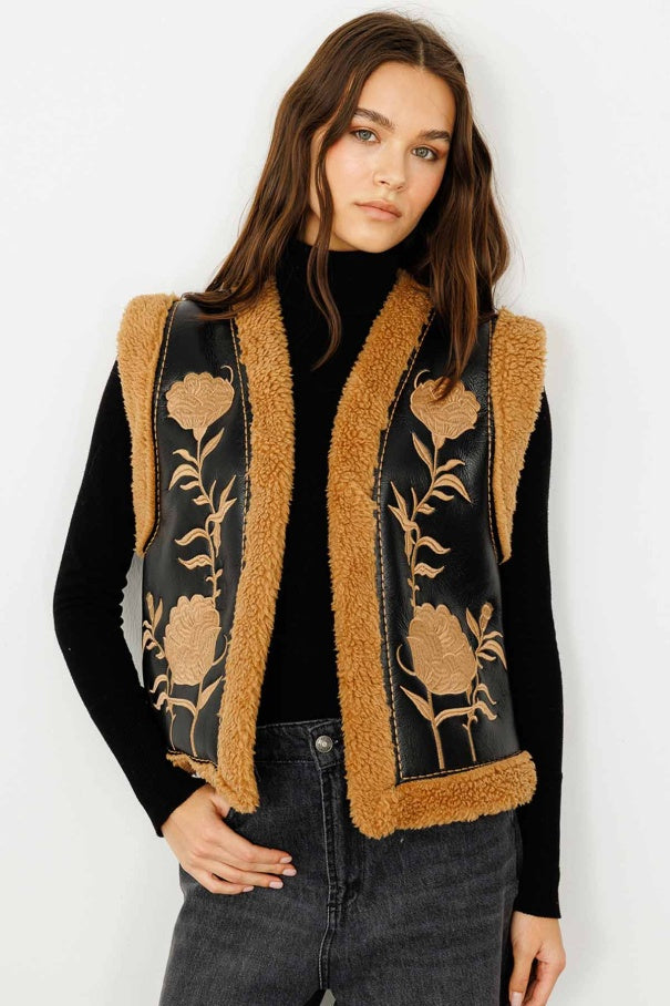 Embroidered Camel Cowboy Vest – Teddy Fleece Lining, Floral Embroidery, Faux Leather, Western Style Vest LUNARITY GARAGE