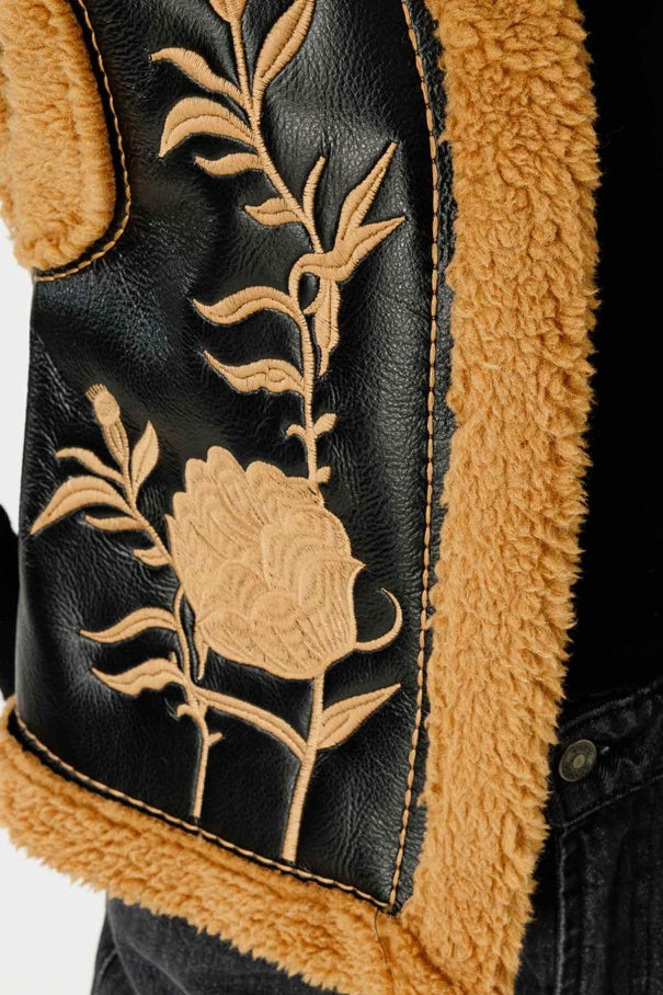 Embroidered Camel Cowboy Vest – Teddy Fleece Lining, Floral Embroidery, Faux Leather, Western Style Vest LUNARITY GARAGE