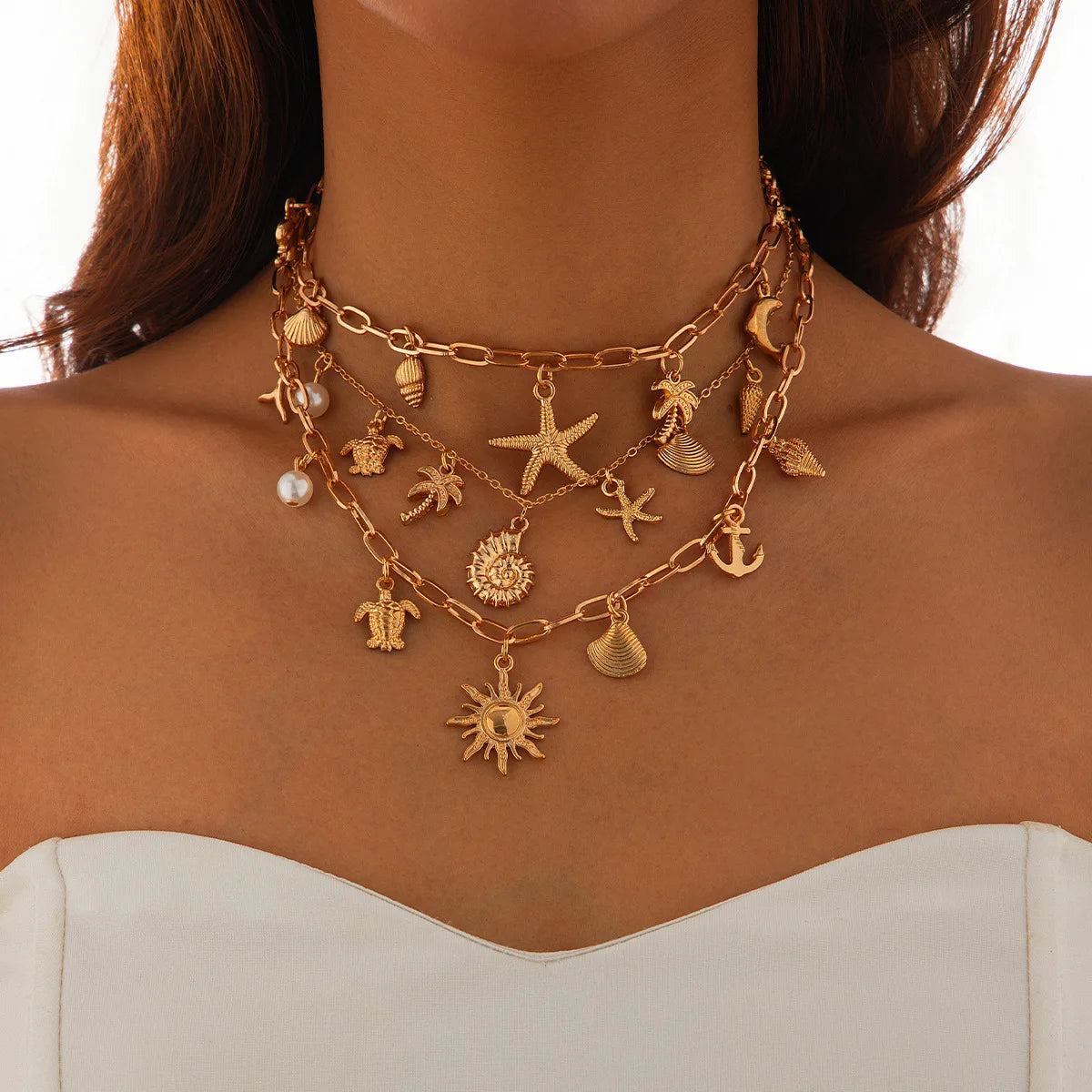 14K Gold Boho Seashell Cross Charm Necklaces Necklace Lunarity Garage 06