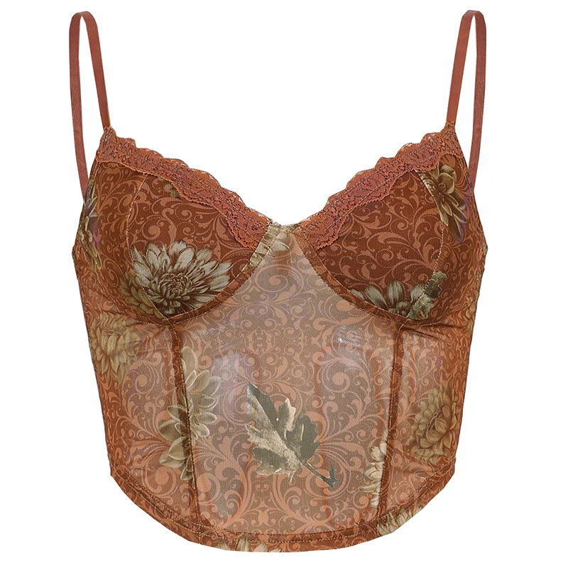 Leaves Printed Lace Patchwork Mesh Crop Top crop top Lunarity Garage