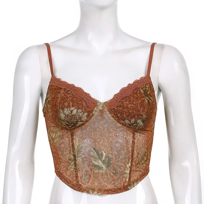 Leaves Printed Lace Patchwork Mesh Crop Top crop top Lunarity Garage