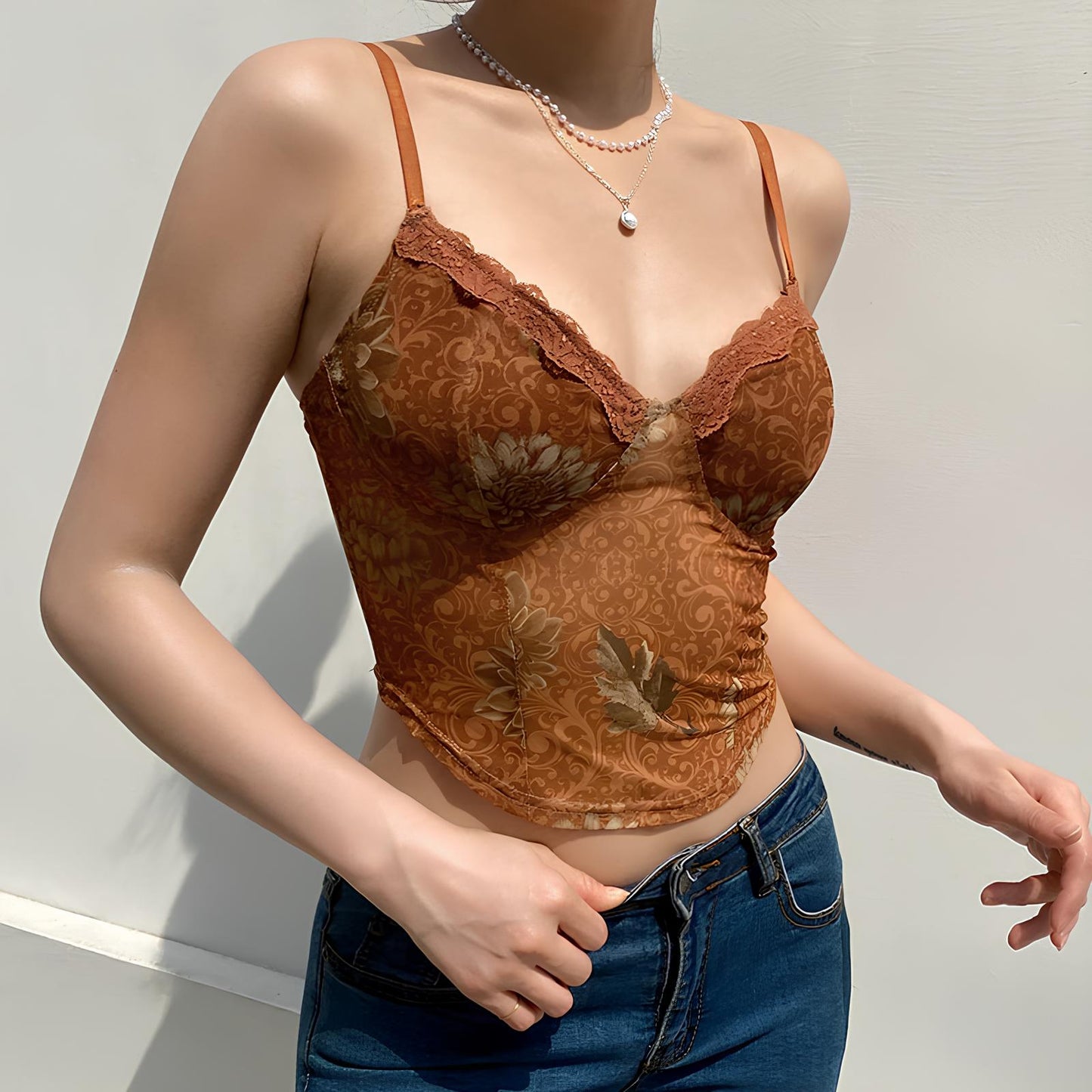 Leaves Printed Lace Patchwork Mesh Crop Top crop top Lunarity Garage