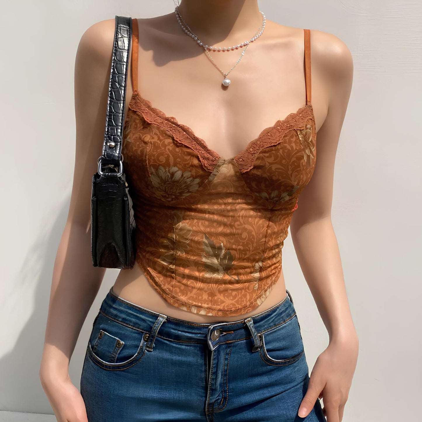 Leaves Printed Lace Patchwork Mesh Crop Top crop top Lunarity Garage Brown S