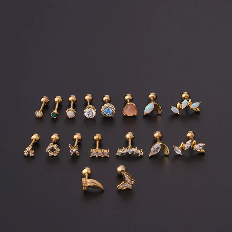 Titanium Steel Zircon Opal Cartilage Stud Earrings - 16g Helix Piercing Jewelry Ear Piercings Lunarity Garage