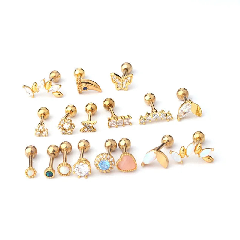 Titanium Steel Zircon Opal Cartilage Stud Earrings - 16g Helix Piercing Jewelry Ear Piercings Lunarity Garage