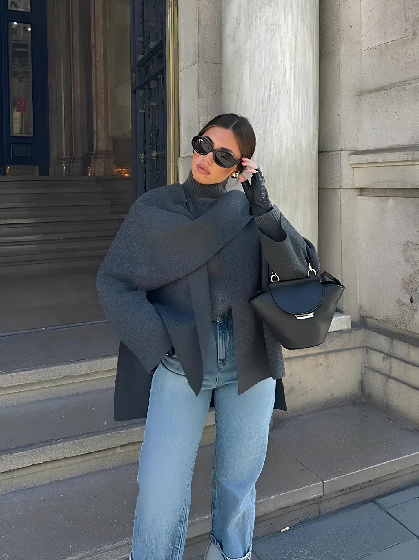 Elegant Scarf Collar Woolen Jacket Jackets Lunarity Garage Dark Gray S