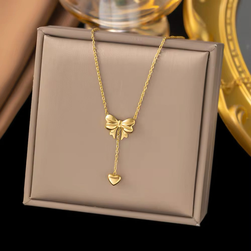 Sweetheart Girls Set: Bowknot Heart Tassels Charm Choker Necklace and Earrings set LUNARITY GARAGE