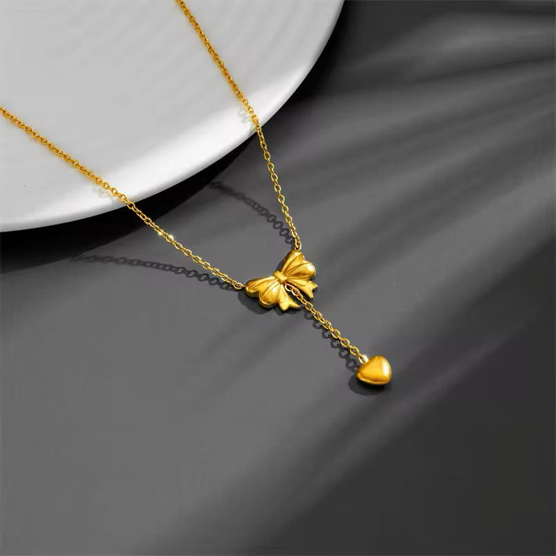 Sweetheart Girls Set: Bowknot Heart Tassels Charm Choker Necklace and Earrings set LUNARITY GARAGE