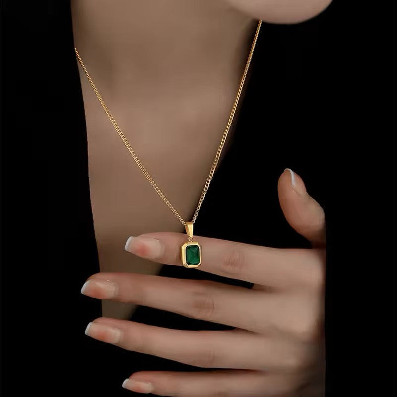 Elegant Retro Square Green Zircon Pendant Necklace necklaces LUNARITY GARAGE