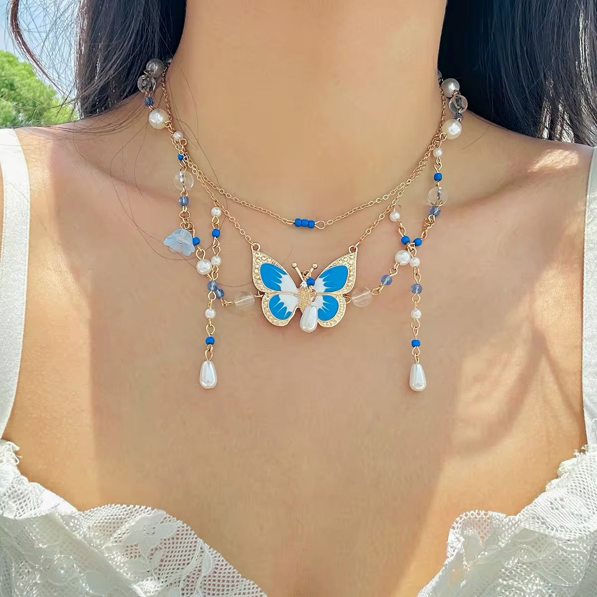 Fantasy Y2K Sweet Drip Oil Butterfly Tassel Pendant Choker Necklace necklaces LUNARITY GARAGE Blue