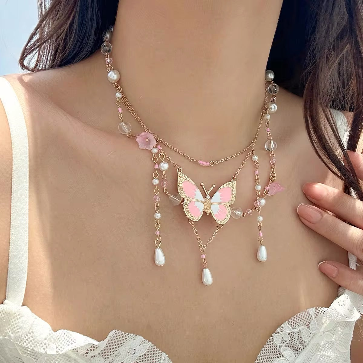 Fantasy Y2K Sweet Drip Oil Butterfly Tassel Pendant Choker Necklace necklaces LUNARITY GARAGE Pink