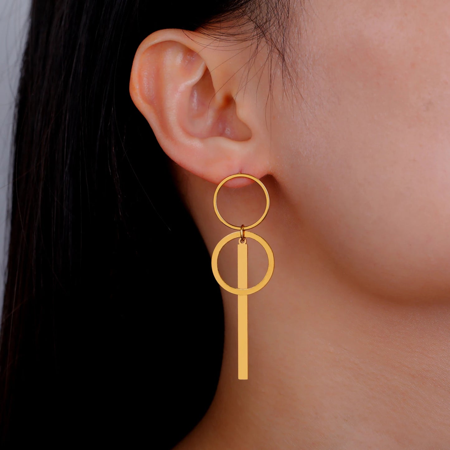Long Double Circle Bar Dangle Stud Earrings earrings LUNARITY GARAGE Gold