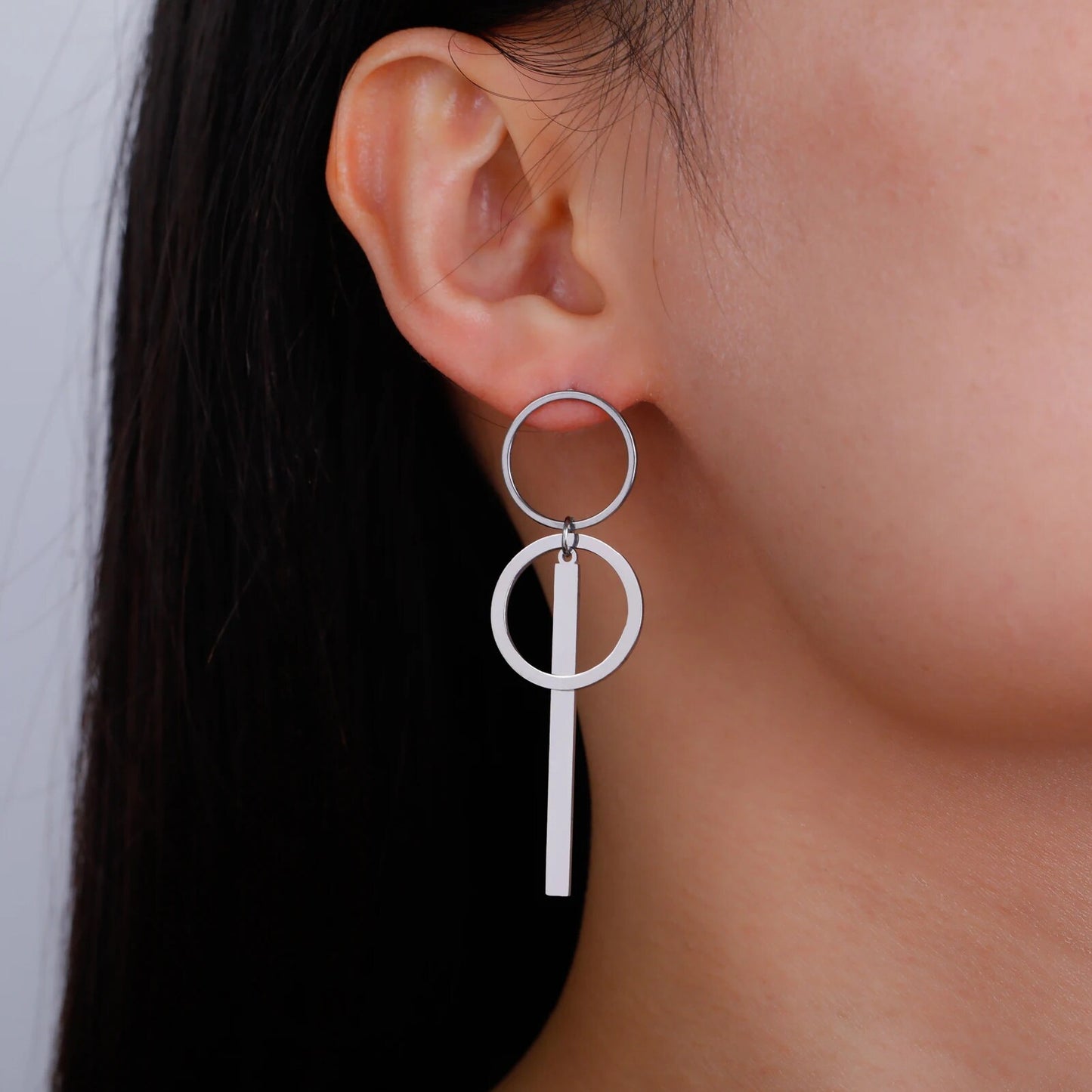 Long Double Circle Bar Dangle Stud Earrings earrings LUNARITY GARAGE Silver