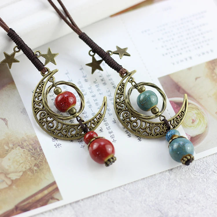 Star And Moon Ceramic Beads Chain Wind Pendant Necklace Necklace Lunarity Garage