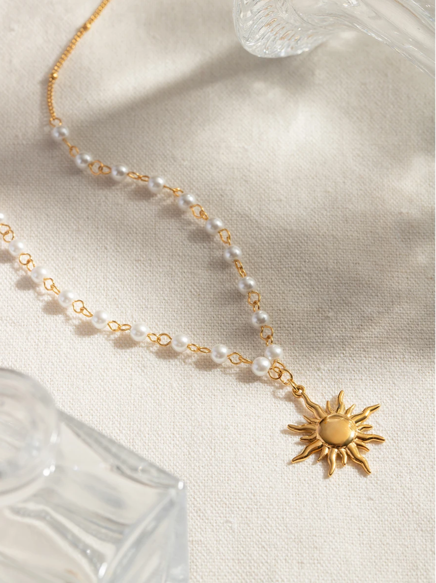 Pearl Chain Sun Pendant Necklace necklaces LUNARITY GARAGE