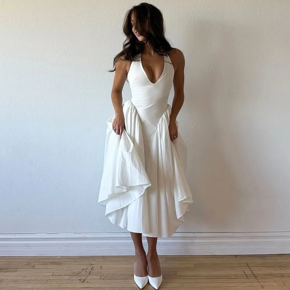 Backless Deep V Spliced Long Dress | Summer Women's Sexy Party & Halter Fashion Slim White Sleeveless Dress Dress LUNARITY GARAGE