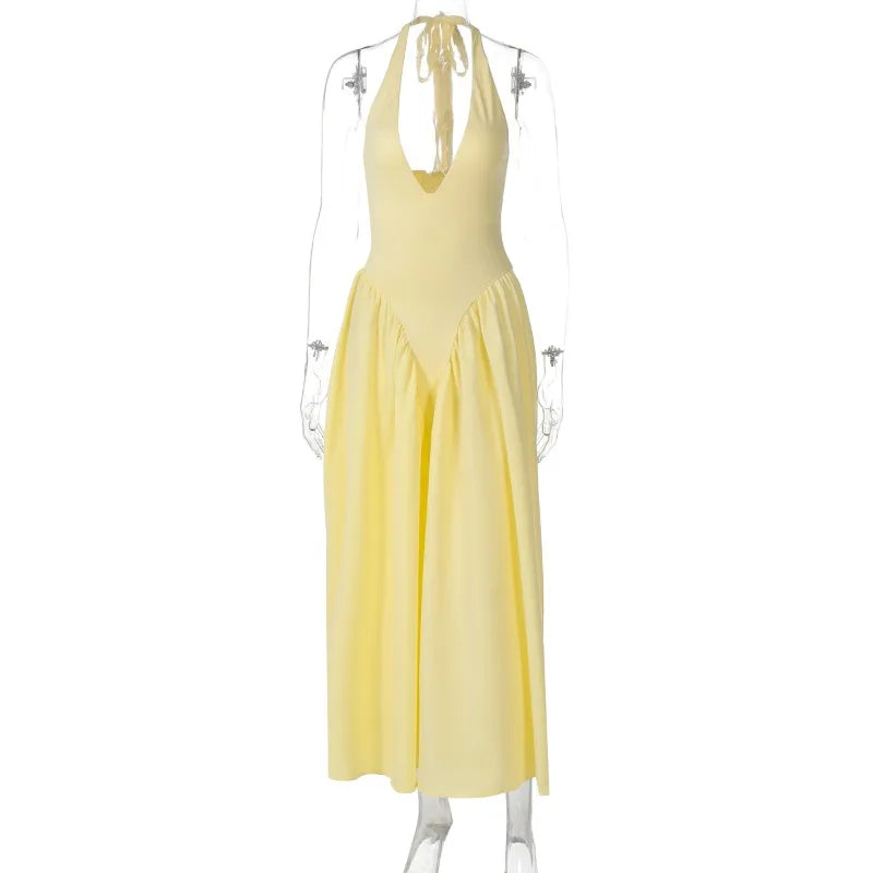 Backless Deep V Spliced Long Dress | Summer Women's Sexy Party & Halter Fashion Slim White Sleeveless Dress Dress LUNARITY GARAGE