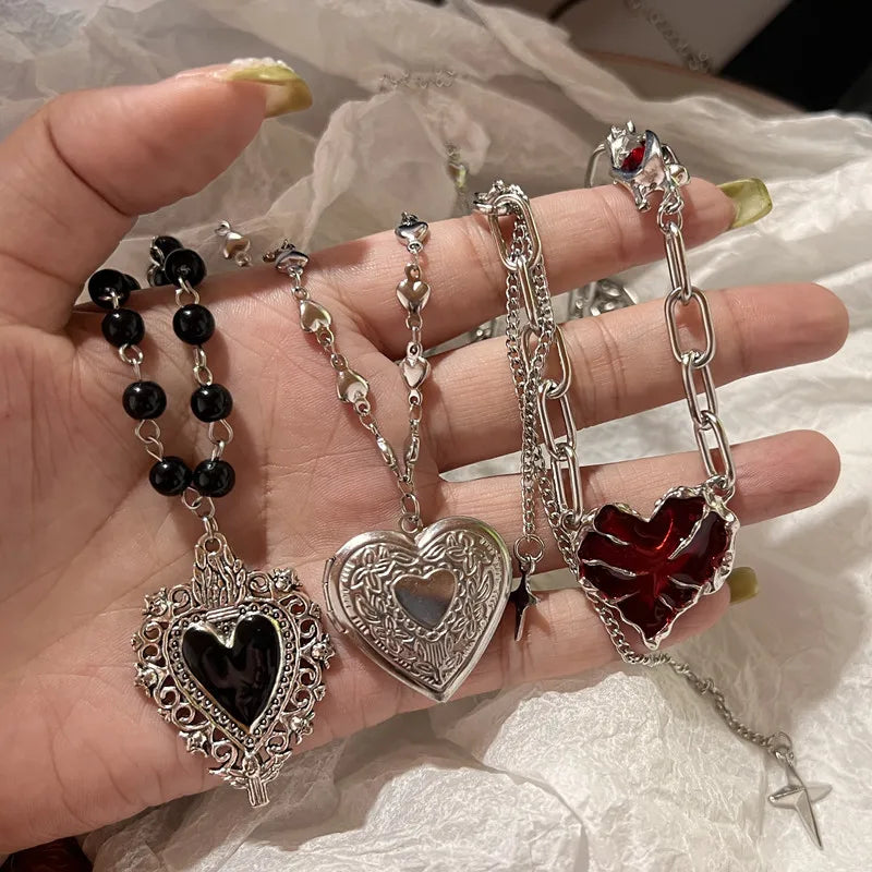 Gothic Red Peach Heart Pendant Necklace For Women Girls Sliver Ghost Claw Love Short Choker PunkClavicle Chain Gifts Necklace Lunarity Garage