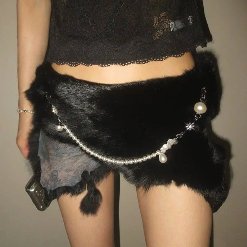 Y2K Black Rabbit Fur Belt - Pearl Chain Star Gothic Punk Cowgirl Waistband Belt LUNARITY GARAGE