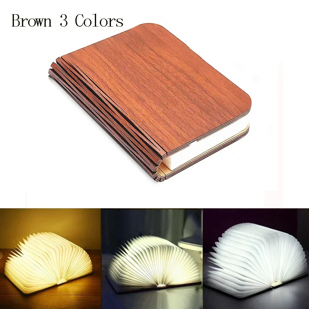 3D Folding RGB LED Book Light – USB Rechargeable Wooden Night Lamp for Bedroom & Desk Decor Night Lights LUNARITY GARAGE Brown-3 colors S-10x8x2.5cm