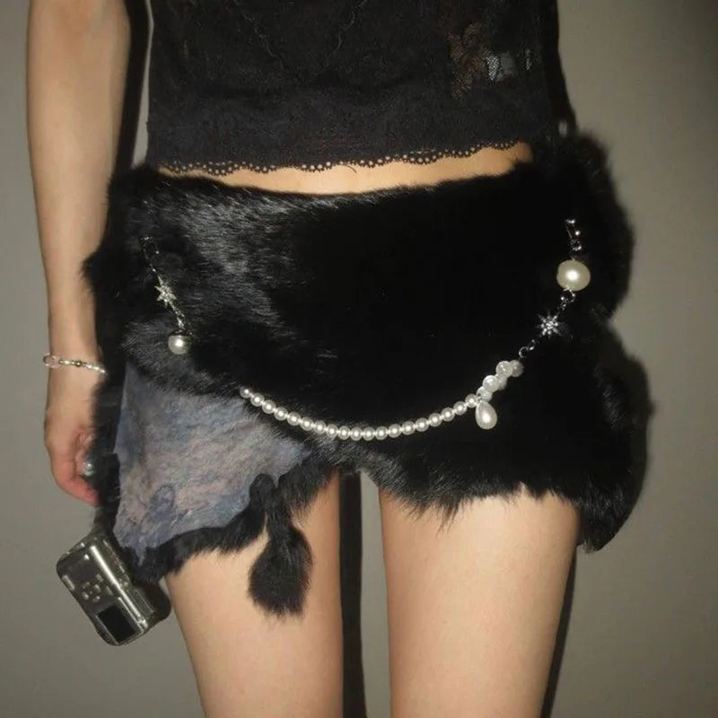 Y2K Black Rabbit Fur Belt - Pearl Chain Star Gothic Punk Cowgirl Waistband Belt LUNARITY GARAGE