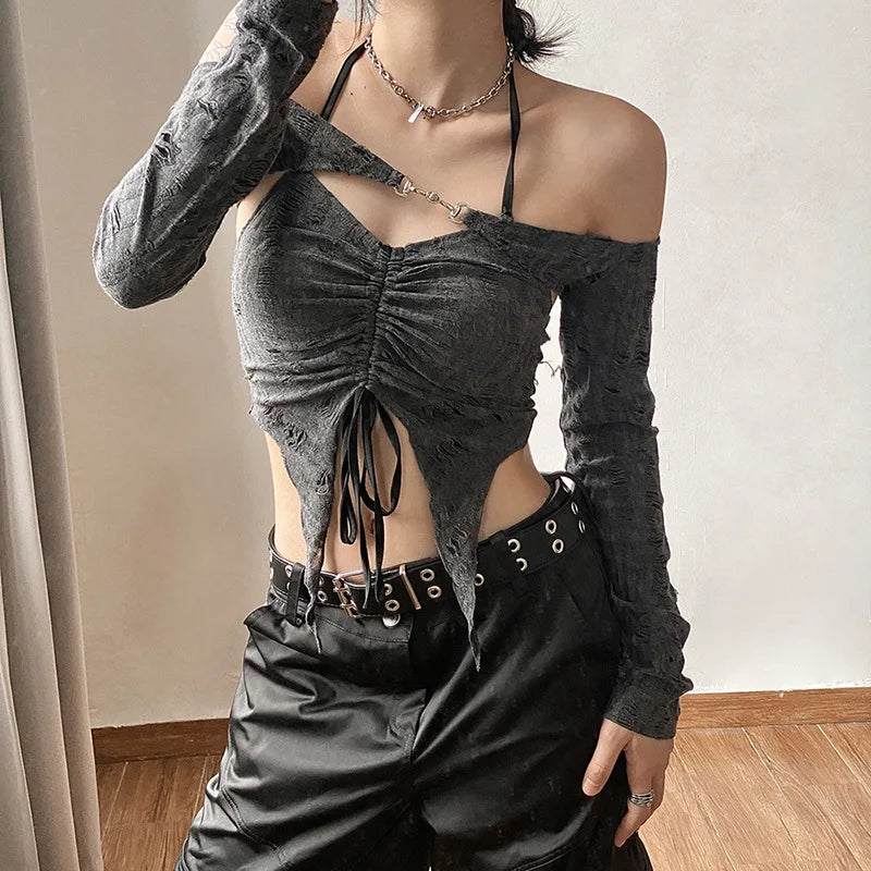 Gray Gothic Lace Cutout Long Sleeve Tuxedo Top top LUNARITY GARAGE