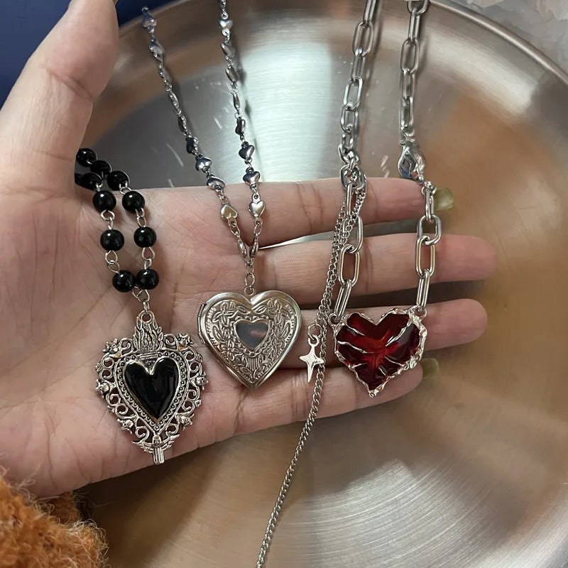 Gothic Red Peach Heart Pendant Necklace For Women Girls Sliver Ghost Claw Love Short Choker PunkClavicle Chain Gifts Necklace Lunarity Garage