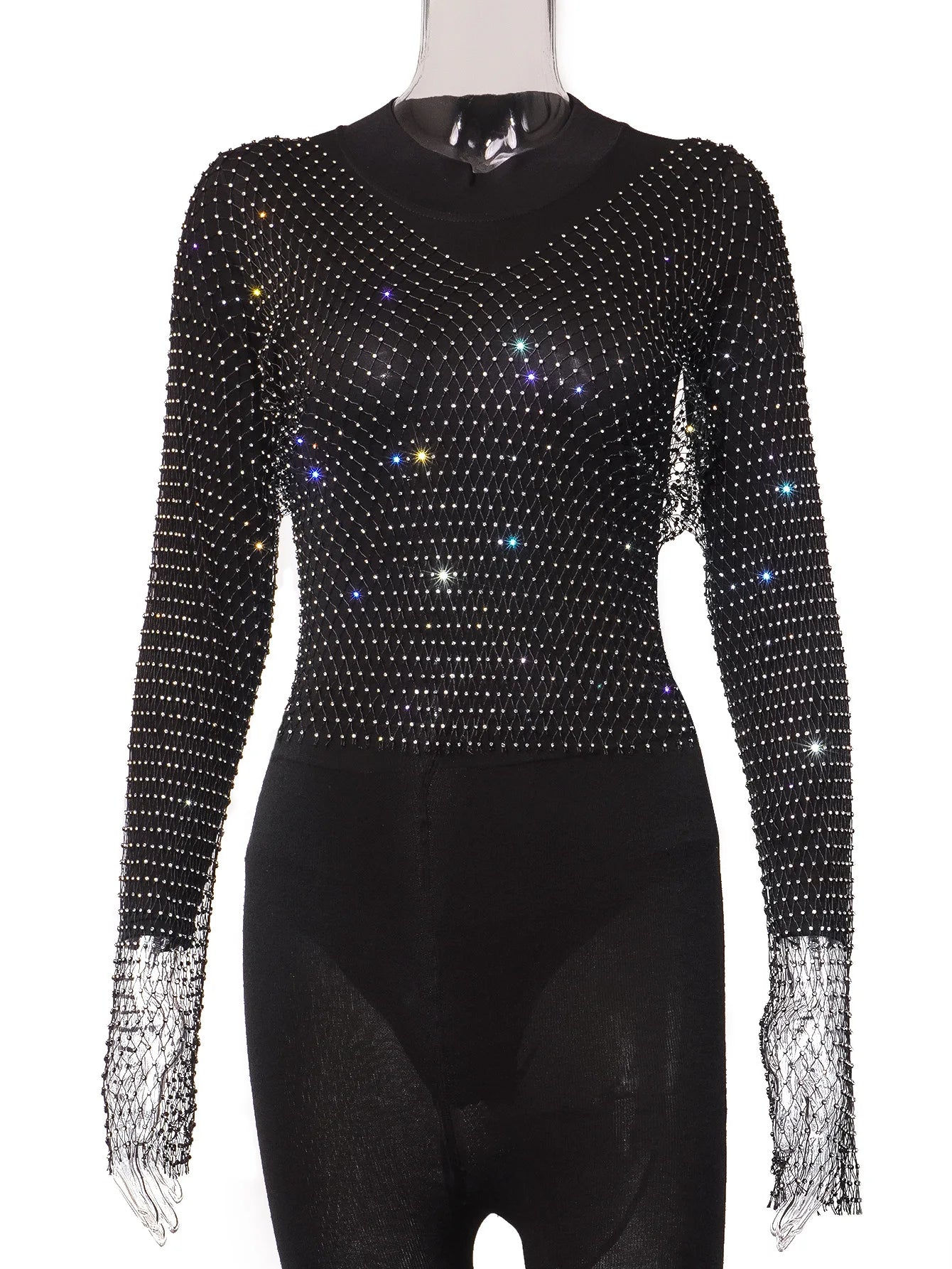 Women Sexy Club Mesh See Through T Shirt Shiny Rhinestone Fishnet Hollow Out Top Long Sleeve Beach Cover Up Party ball Tank Top LUNARITY GARAGE Black V-neck Clothing length 48cm