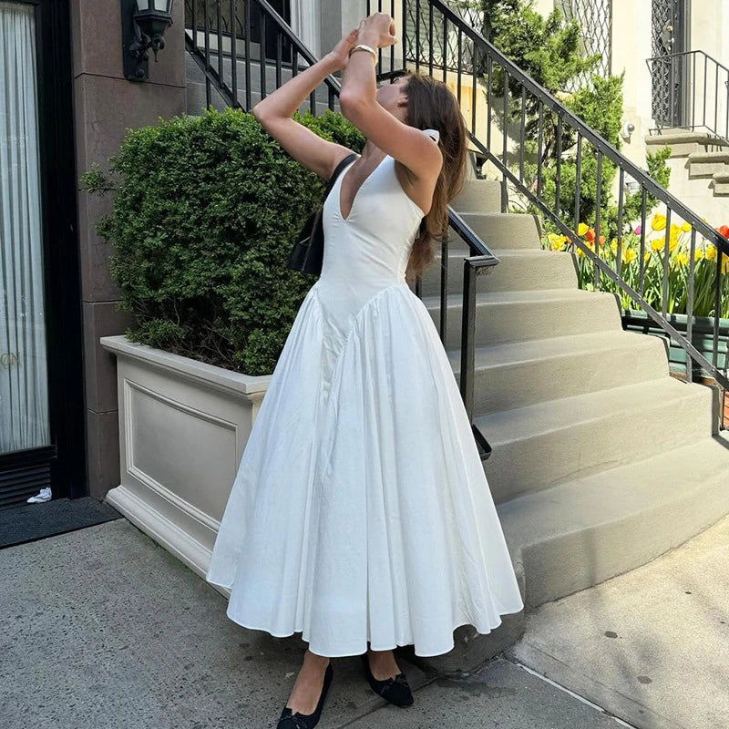Backless Deep V Spliced Long Dress | Summer Women's Sexy Party & Halter Fashion Slim White Sleeveless Dress Dress LUNARITY GARAGE