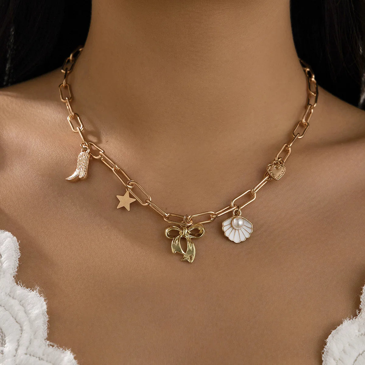 14K Gold Boho Seashell Cross Charm Necklaces Necklace Lunarity Garage 02