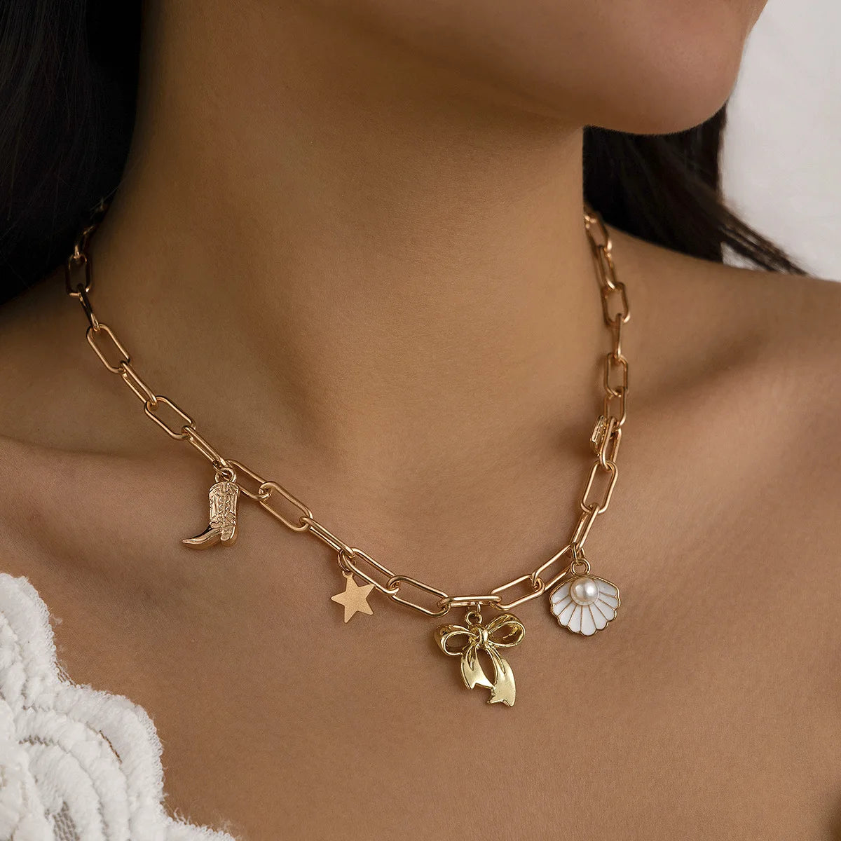 14K Gold Boho Seashell Cross Charm Necklaces Necklace Lunarity Garage
