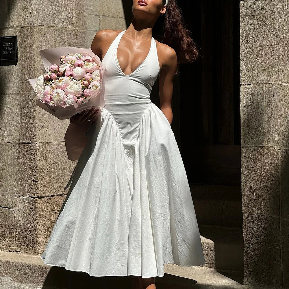 Backless Deep V Spliced Long Dress | Summer Women's Sexy Party & Halter Fashion Slim White Sleeveless Dress Dress LUNARITY GARAGE