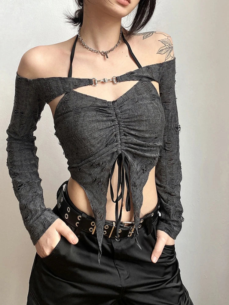 Gray Gothic Lace Cutout Long Sleeve Tuxedo Top top LUNARITY GARAGE Gray S