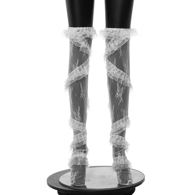 Y2K Vintage Lace Thigh High Sheer Ruffle Stockings Socks Lunarity Garage