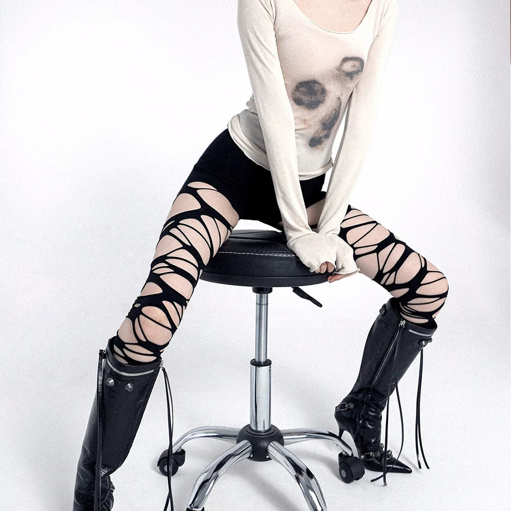 Y2K Torn Strap Sexy Gothic Black Perforated Pantyhose Socks Lunarity Garage