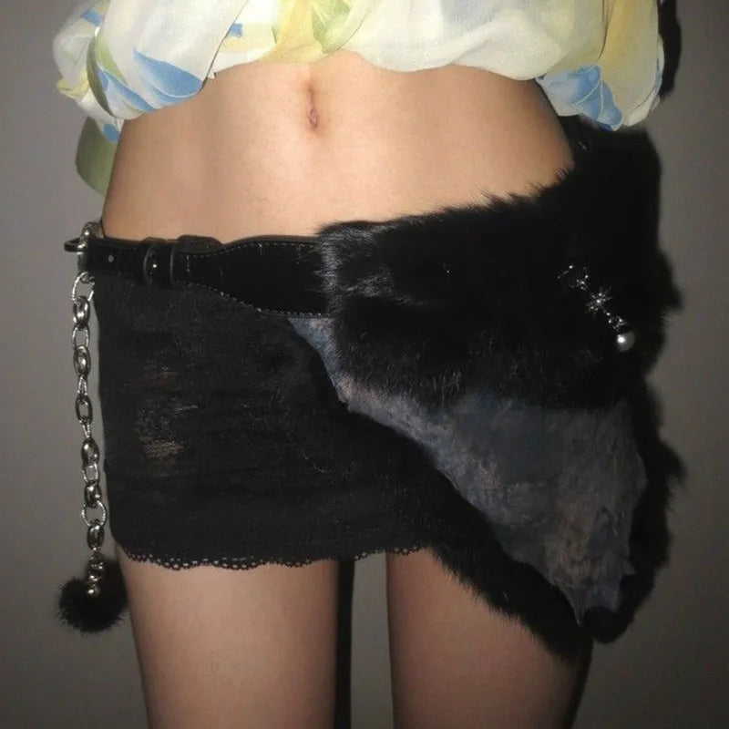 Y2K Black Rabbit Fur Belt - Pearl Chain Star Gothic Punk Cowgirl Waistband Belt LUNARITY GARAGE