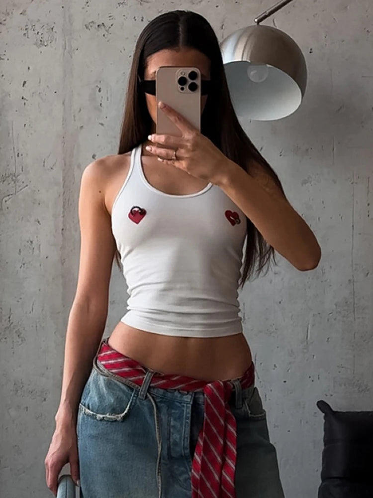 Heart Embroidered Crop Tank – Playful & Chic Summer Staple Tank top LUNARITY GARAGE White S