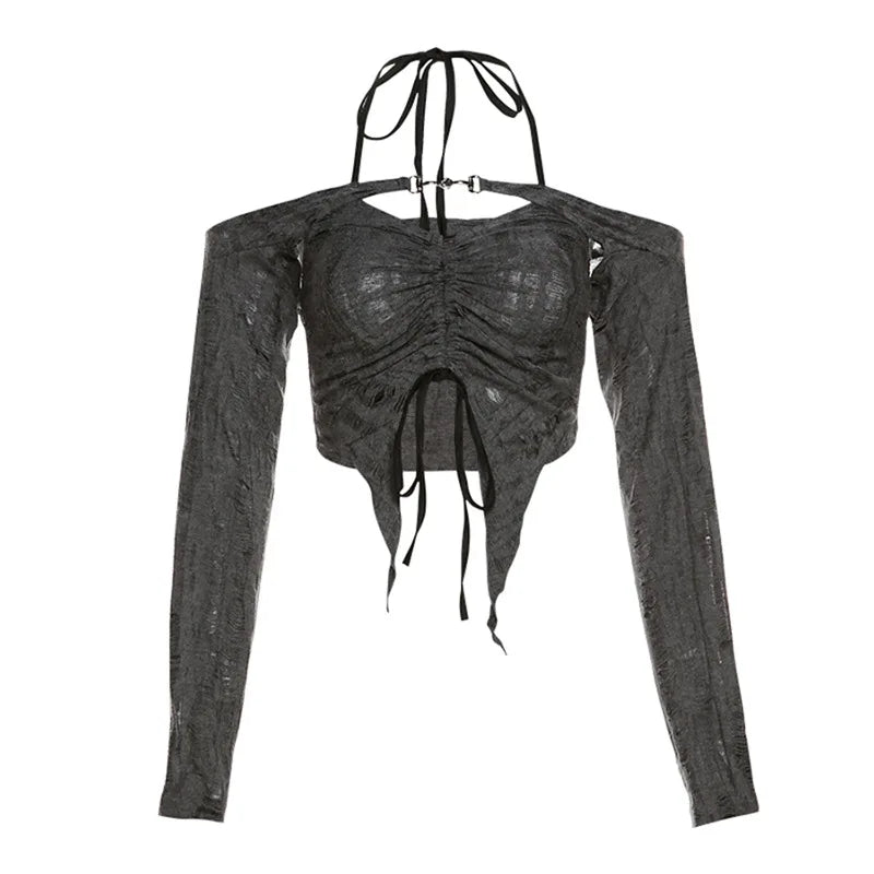 Gray Gothic Lace Cutout Long Sleeve Tuxedo Top top LUNARITY GARAGE