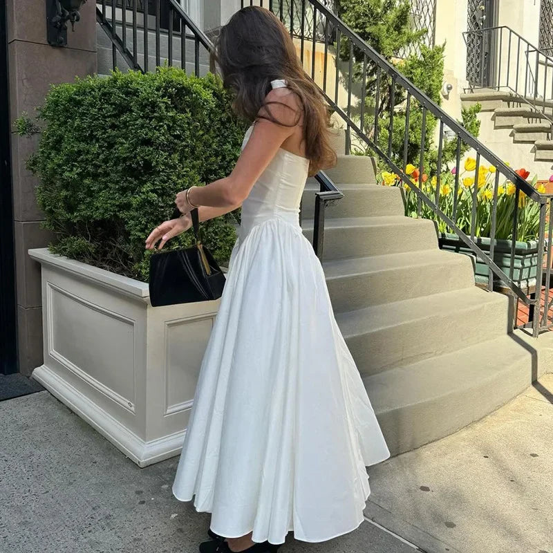 Backless Deep V Spliced Long Dress | Summer Women's Sexy Party & Halter Fashion Slim White Sleeveless Dress Dress LUNARITY GARAGE