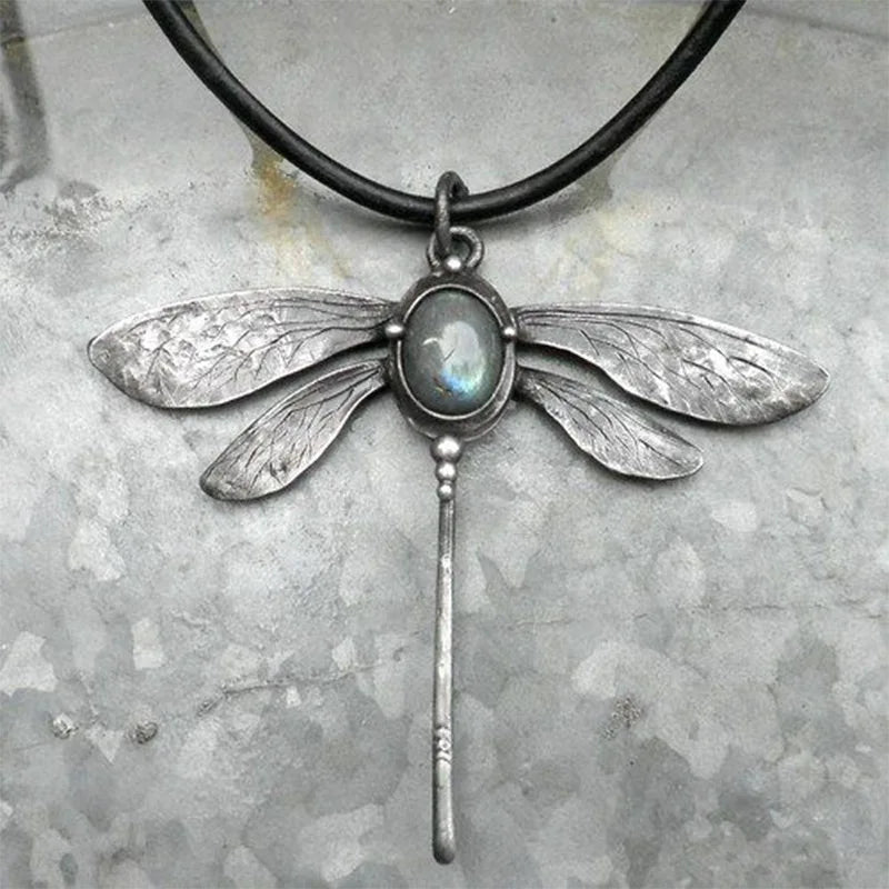 Vintage Dragonfly Moonstone Charm Rope Choker Necklace Necklace Lunarity Garage Necklace