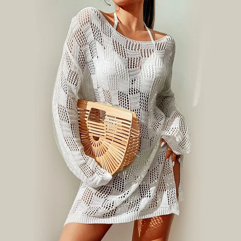 Knitted Long Sleeve Beach Cover-Up – Hollow-Out Beach Dress cover ups LUNARITY GARAGE